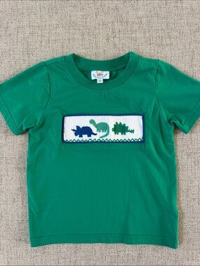 Green Short-Sleeve Kids Tee with Smocked Dinosaurs